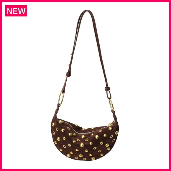 Handbags - Studded Faux Suede Hobo Bag Adjustable Strap Zippered Pocket 11x6 Inches